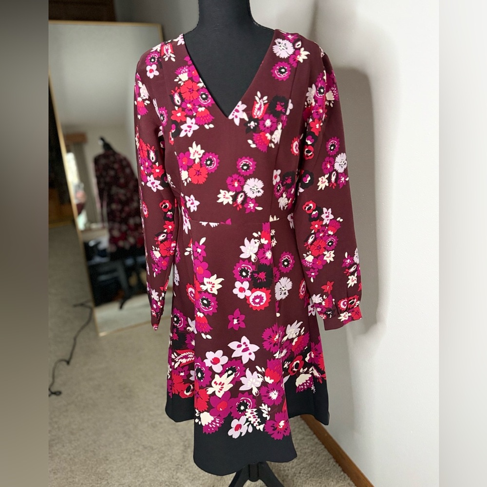 Ann Taylor Burgundy Floral Fit Flare Dress Long Sleeve Size 4